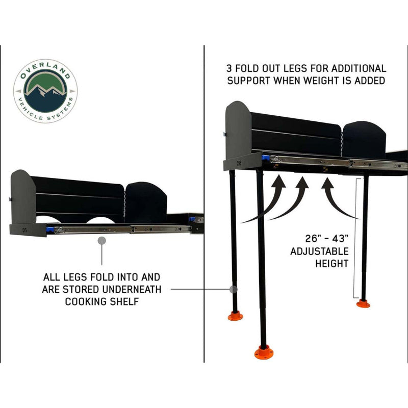 Image highlighting the adjustable support legs of the camp kitchen cargo box. The legs fold out from underneath the cooking shelf and have an adjustable height of 26 to 43 inches, with orange bases for stability