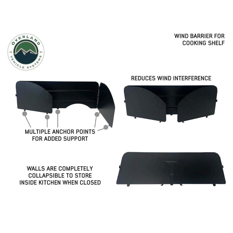 Image highlighting the collapsible wind barrier for the camp kitchen's cooking shelf. The barrier has multiple anchor points for added support and is shown in both its folded and open configurations