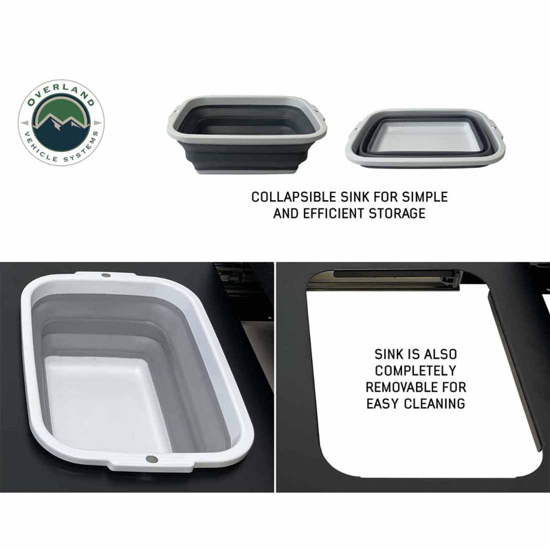 Image highlighting the features of the collapsible sink that comes with the camp kitchen cargo box. The image shows the sink in both its collapsed and open states and notes that it is completely removable for easy cleaning