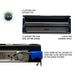 Image showcasing the latches of the camp kitchen cargo box, which are used to open and close each section. The top view labels two latches for the kitchen top, two for the sink and cutting board, and one for the cooking shelf