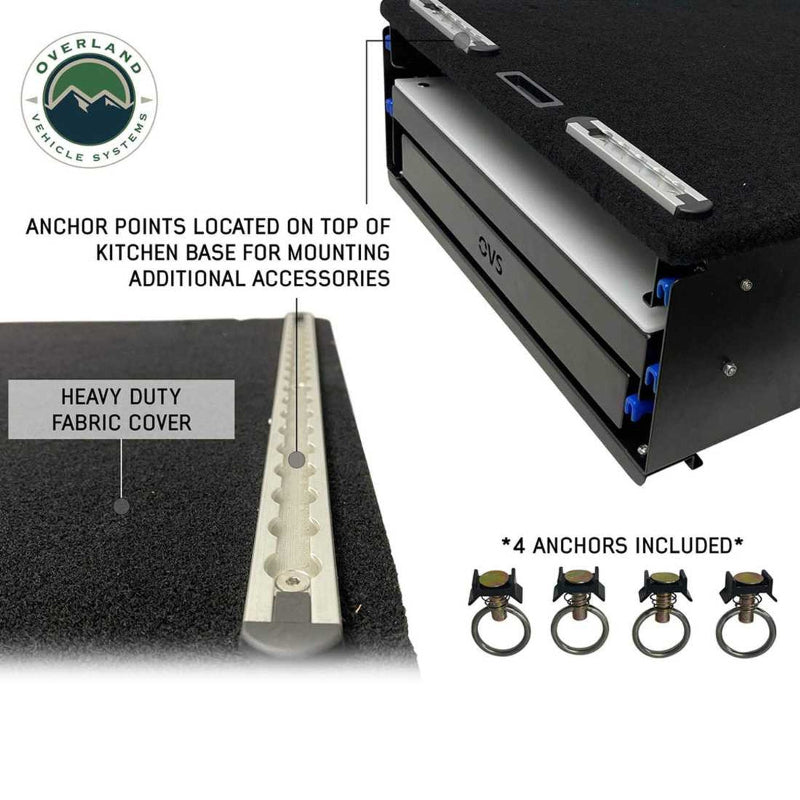 Image highlighting the top of the camp kitchen cargo box, which features a heavy-duty fabric cover and anchor points for mounting additional accessories. Four anchors are shown below to demonstrate the type included with the box