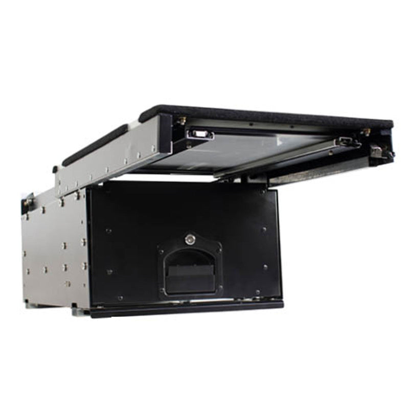Image of an OVS Cargo Box, a black and silver metal storage drawer system for vehicles. The top of the cargo box is open, revealing the empty interior and a sliding tray on the top