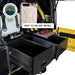 Overland Vehicle Systems (OVS) Cargo Box 210102015 with two open drawers, showing a Yeti cooler and a water jug. The drawers are pulled out, revealing a spacious storage area for off-road gear