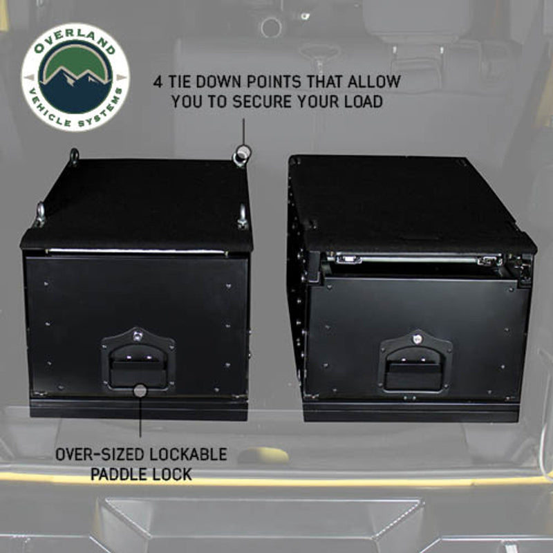 Image of two Overland Vehicle Systems (OVS) Cargo Boxes side-by-side, showcasing the oversized lockable paddle latch and four tie-down points on the top of the boxes. This highlights the cargo box's security and versatile loading options
