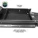 Image of an Overland Vehicle Systems (OVS) Cargo Box Cooking Station, fully extended to show the internal compartments, with text callouts for "HEAVY-DUTY SLIDE RAILS" and "ADDITIONAL STORAGE." The box is black, viewed from a close-up, angled perspective on a white background