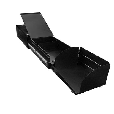 Image of an Overland Vehicle Systems (OVS) Cargo Box Cooking Station, fully extended to show the pull-out drawer and integrated storage compartments on a white background. The cooking station is black and shown from a front-side angle