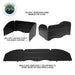 Image of a black Overland Vehicle Systems (OVS) Foldout Reversible Wind Barrier for a stove, shown in three different perspectives on a white background. The images highlight its collapsibility and "MULTIPLE ANCHOR POINTS FOR ADDED SUPPORT."