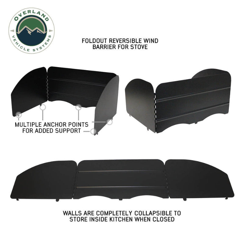Image of a black Overland Vehicle Systems (OVS) Foldout Reversible Wind Barrier for a stove, shown in three different perspectives on a white background. The images highlight its collapsibility and "MULTIPLE ANCHOR POINTS FOR ADDED SUPPORT."
