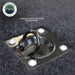 Image of a close-up on a black D-ring anchor point mounted on a dark gray marine-grade carpet, part of an Overland Vehicle Systems (OVS) Cargo Box, with text indicating "4 ANCHOR POINTS TO MOUNT REFRIGERATOR." The OVS logo is in the top left, all on a white background
