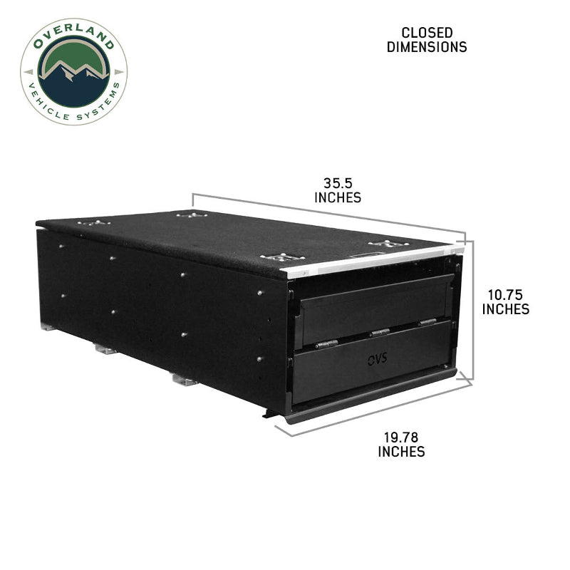 Image of a black Overland Vehicle Systems (OVS) Cargo Box with two drawers, displaying its closed dimensions: 35.5 inches (length), 10.75 inches (height), and 19.78 inches (width), on a white background. The OVS logo is in the top left