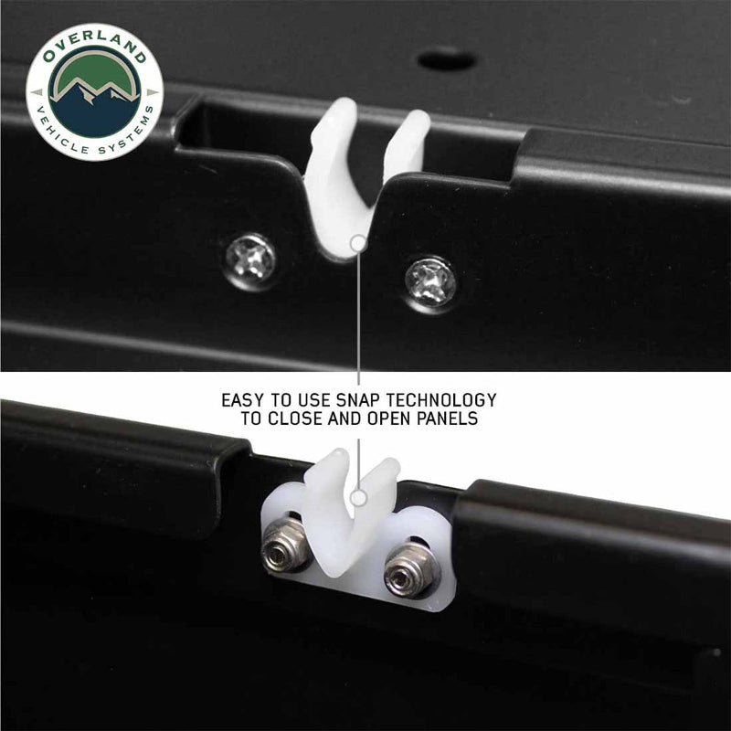Image of a close-up on the "EASY TO USE SNAP TECHNOLOGY" for the Overland Vehicle Systems (OVS) Cargo Box, showing two different views of the white plastic snap mechanism used to secure the panels, on a white background