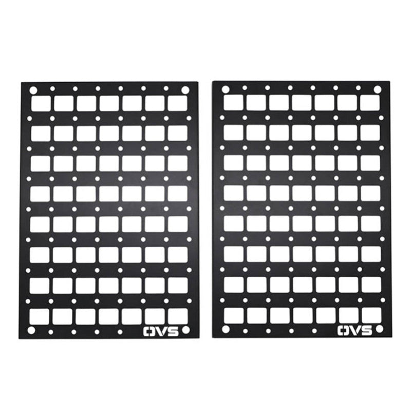 Image of two black MOLLE panels with square cutouts and multiple mounting points. The panels are shown side-by-side on a white background and have the OVS logo on the bottom