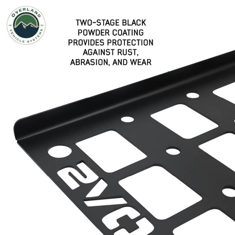 Image of a close-up of a black MOLLE panel, highlighting the durable, two-stage black powder coating and "OVS" logo. The image shows the side profile of the panel, emphasizing its construction on a white background