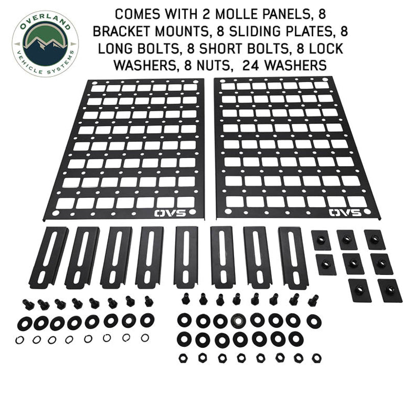 Image of the full MOLLE panel kit, laid out on a white background, including two black metal panels, mounting brackets, sliding plates, and all necessary hardware (bolts, nuts, and washers) for installation