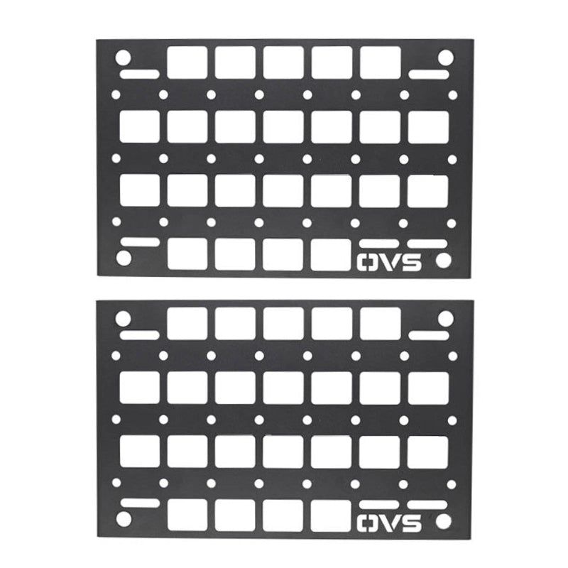 Image of two black MOLLE panels with a horizontal orientation, designed for side door mounting. The panels feature multiple square cutouts and mounting points, with the OVS logo visible at the bottom of each