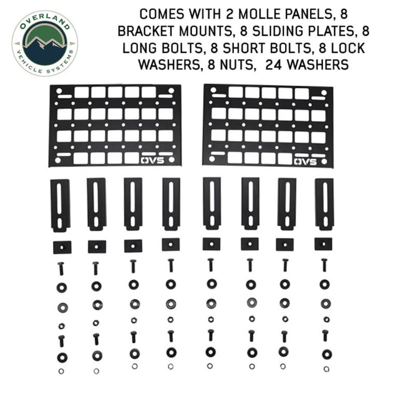 Image of the complete kit for the MOLLE panel system, laid out on a white background. The image shows two horizontal-oriented panels, all mounting brackets, bolts, nuts, and washers included for installation