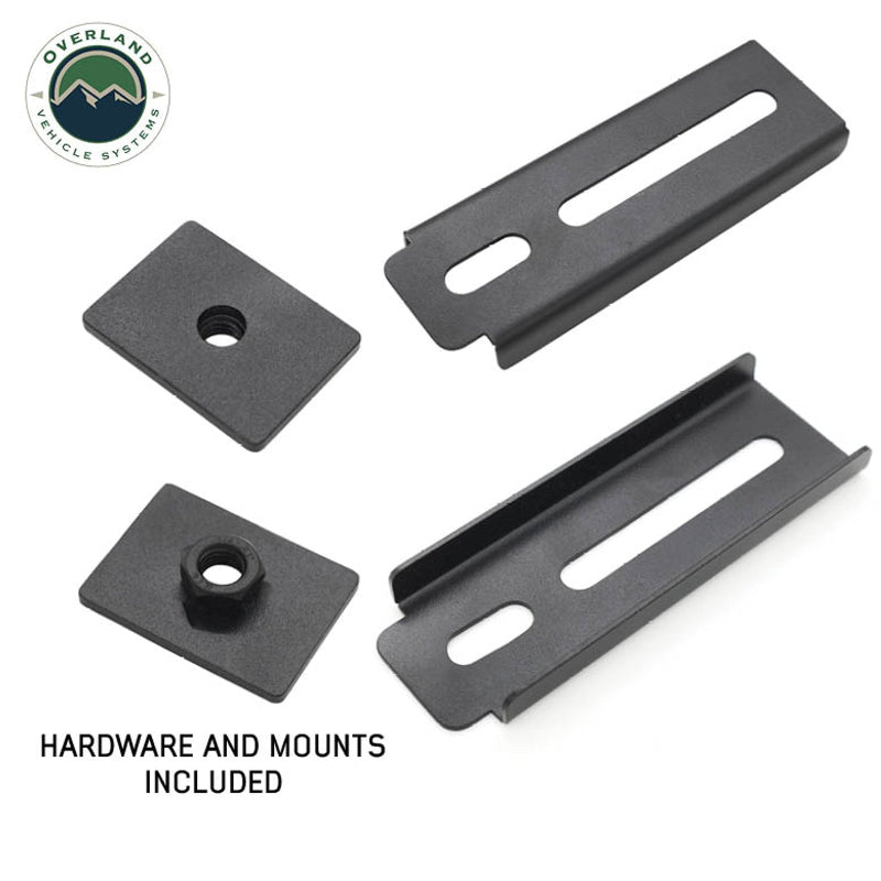 Image of the included black mounting hardware and brackets for the MOLLE panel system. The image shows two bracket mounts with elongated slots and two sliding plates, one with a nut attached and one with a threaded hole, on a white background