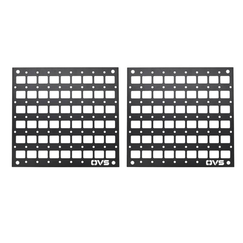 Image of two square black MOLLE panels with a grid of square cutouts and circular mounting points, designed for versatile storage solutions. The panels are displayed side-by-side on a white background, each with the OVS logo at the bottom
