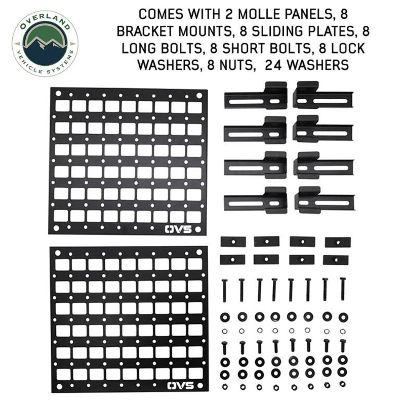Image of the full MOLLE panel kit, laid out on a white background, including two square panels, eight bracket mounts, eight sliding plates, and all necessary bolts, washers, and nuts for a complete installation