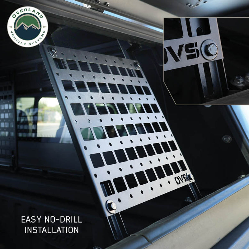 Image of a silver MOLLE panel installed inside a vehicle, showcasing the easy no-drill installation with a close-up inset of the mounting bracket and hardware. The panel is mounted at an angle, providing a clear view of its grid design and secure attachment points