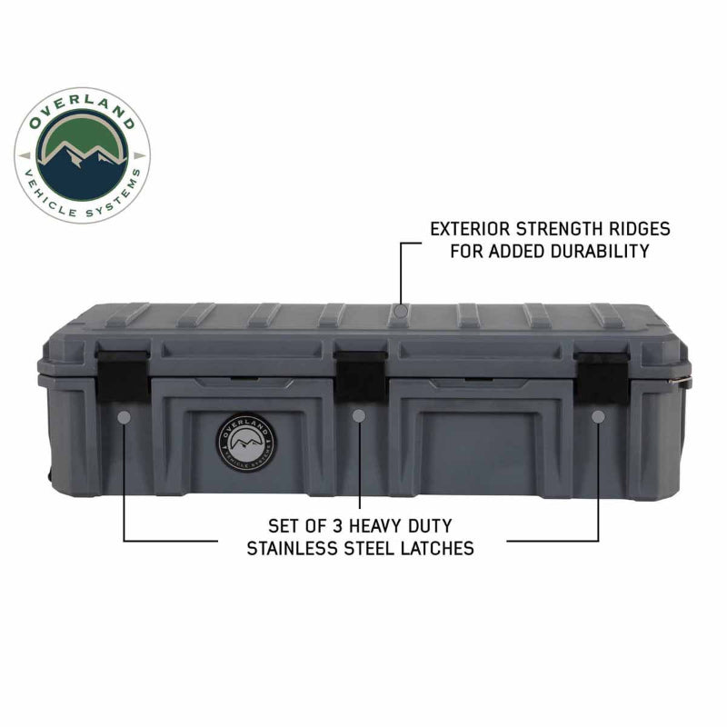 Image of dark gray overland dry storage box with exterior strength ridges and three heavy-duty stainless steel latches, front-facing view on white background.