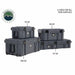 Image of dark gray overland dry storage boxes displayed in four sizes (53 qt, 95 qt, 117 qt, 169 qt), stacked arrangement with front and angled views on white background.