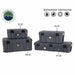 Image of dark gray overland dry storage boxes in four sizes (53 qt, 95 qt, 117 qt, 169 qt) highlighting weatherproof construction, shown in stacked front and angled views on white background.