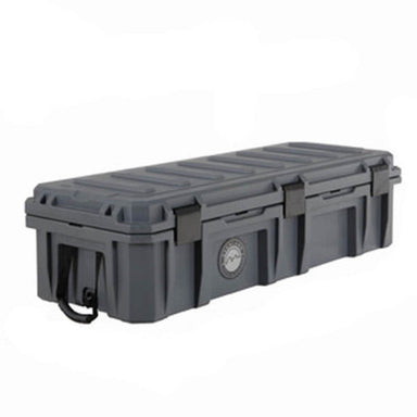 Image of long dark gray weatherproof dry storage box with reinforced lid and side latches, angled front and side view on white background.
