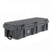 Image of long dark gray weatherproof dry storage box with reinforced lid and side latches, angled front and side view on white background.