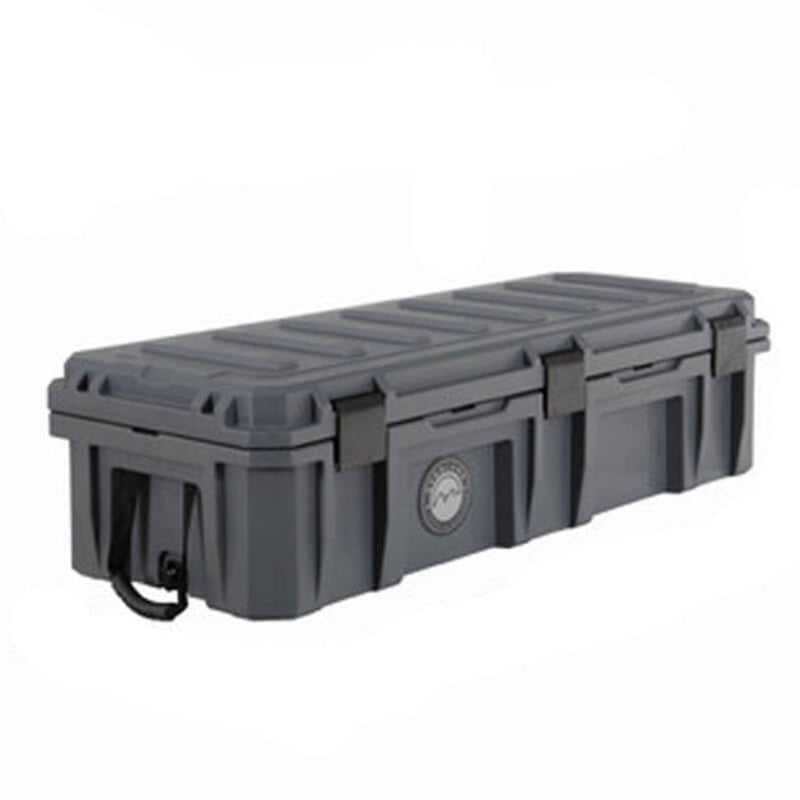 Image of long dark gray weatherproof dry storage box with reinforced lid and side latches, angled front and side view on white background.