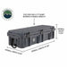 Image of large dark gray 117-quart weatherproof dry storage box with reinforced lid and side latches, angled front and side view with dimension callouts on white background.