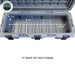 Image of open dark gray 117-quart weatherproof dry storage box showing interior capacity and measurement callouts, top-down angled view on white background.