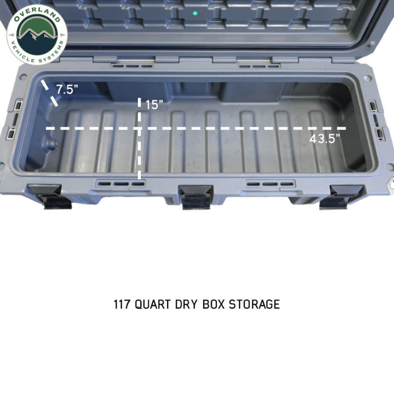 Image of open dark gray 117-quart weatherproof dry storage box showing interior capacity and measurement callouts, top-down angled view on white background.