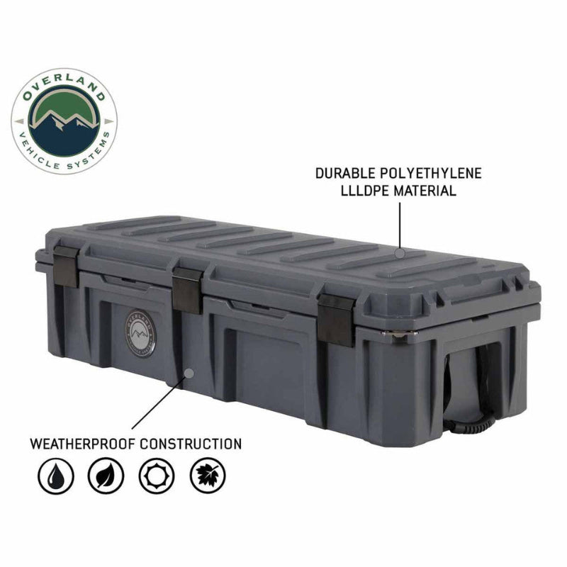 Image of dark gray 117-quart weatherproof dry storage box made from durable polyethylene, featuring reinforced lid and side handles, angled front and side view on white background.