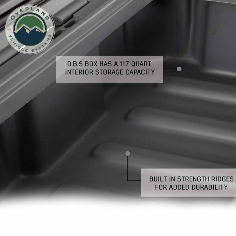 Image of dark gray 117-quart dry storage box interior showing molded strength ridges and storage capacity detail, angled top-down interior view on white background.