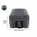Image of dark gray overland dry storage box showing overall dimensions, front view with molded lid ridges and carry handle, height and width labeled on white background.