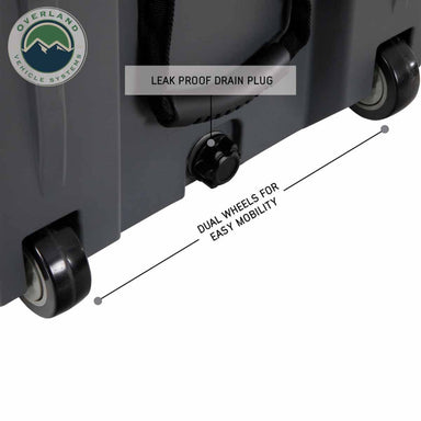 Image of large hard-shell storage dry box bottom detail showing leak-proof drain plug and dual wheels for easy mobility, dark gray rugged plastic construction in close-up angled view on white background.