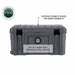 Image of rugged hard-shell storage dry box with exterior strength ridges and dual stainless steel latches, dark gray polyethylene construction shown in straight-on front view on white background.