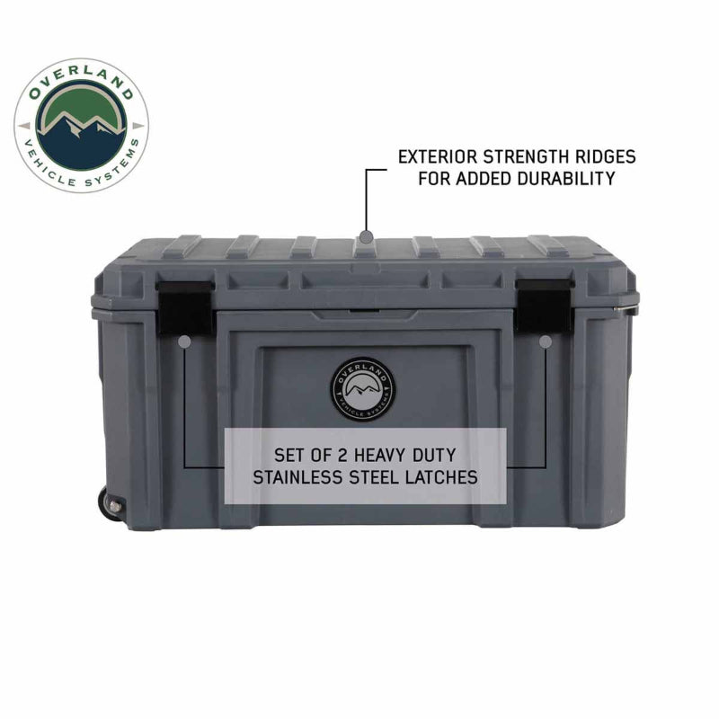 Image of rugged hard-shell storage dry box with exterior strength ridges and dual stainless steel latches, dark gray polyethylene construction shown in straight-on front view on white background.