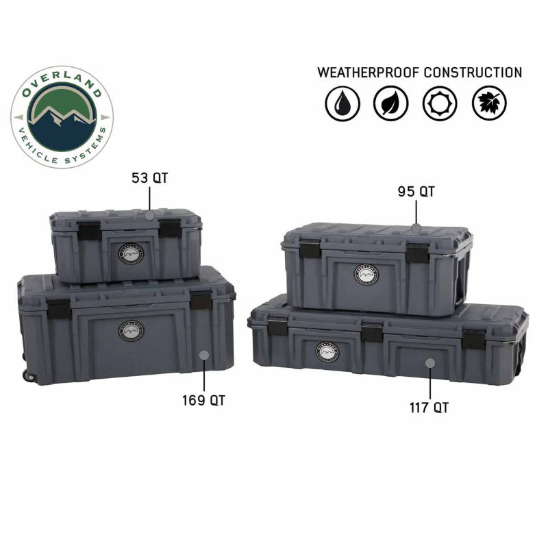 Image of weatherproof hard-shell storage dry boxes displayed in four sizes (53 QT, 95 QT, 117 QT, and 169 QT), dark gray construction shown stacked in angled front and side view on white background.