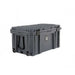 Image of large rugged hard-shell storage dry box with wheels and locking lid, dark gray weatherproof plastic construction shown in angled front and side view on white background.