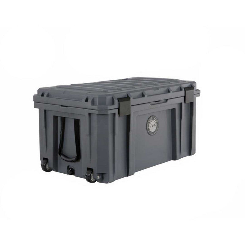 Image of large rugged hard-shell storage dry box with wheels and locking lid, dark gray weatherproof plastic construction shown in angled front and side view on white background.