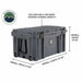 Image of large 169-quart hard-shell storage dry box with labeled dimensions, dark gray weatherproof plastic construction with wheels shown in angled front and side view on white background.