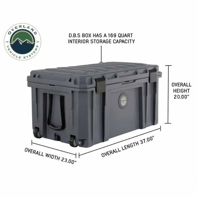 Image of large 169-quart hard-shell storage dry box with labeled dimensions, dark gray weatherproof plastic construction with wheels shown in angled front and side view on white background.