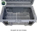 Image of large 169-quart hard-shell storage dry box with lid open showing interior dimensions, dark gray molded plastic construction displayed in top-down angled view on white background.