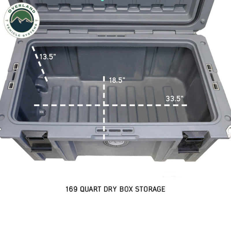 Image of large 169-quart hard-shell storage dry box with lid open showing interior dimensions, dark gray molded plastic construction displayed in top-down angled view on white background.