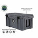 Image of large rugged hard-shell storage dry box made from durable polyethylene with weatherproof construction, dark gray plastic case shown in angled front and side view on white background.
