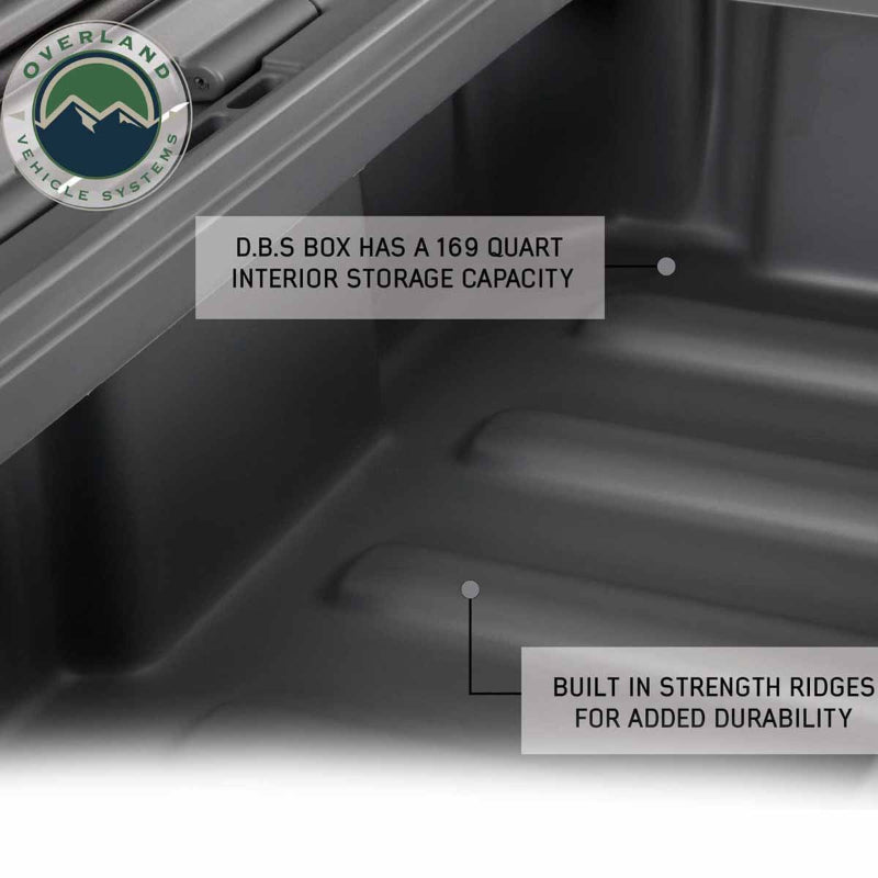 Image of large hard-shell storage dry box interior highlighting 169-quart capacity and built-in strength ridges, dark gray molded plastic shown in close-up interior view on white background.