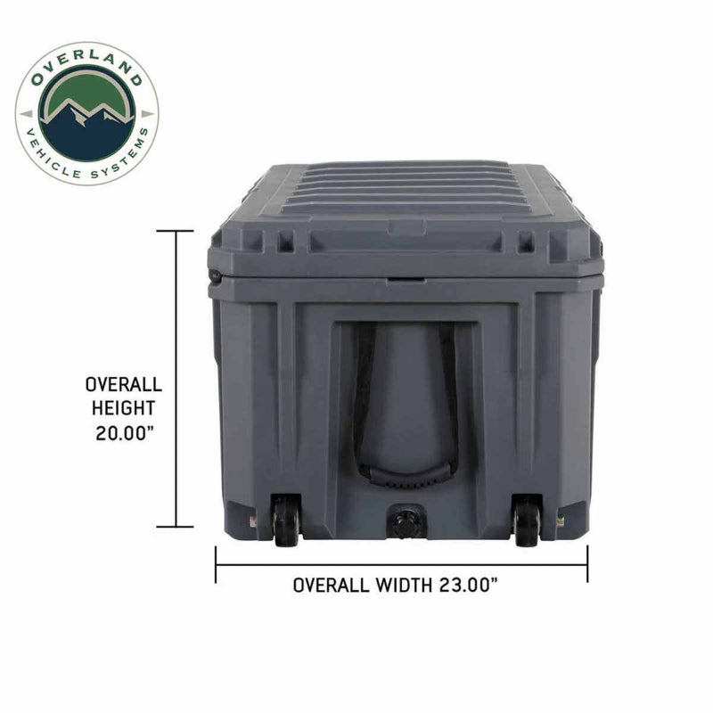 Image of large 169-quart hard-shell storage dry box with labeled height and width dimensions, dark gray weatherproof plastic construction with wheels shown in front view on white background.