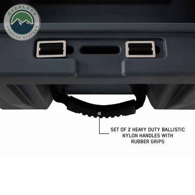 Image of hard-shell storage dry box handle detail with heavy-duty ballistic nylon handles and rubber grips, dark gray rugged plastic construction shown in close-up front view on white background.